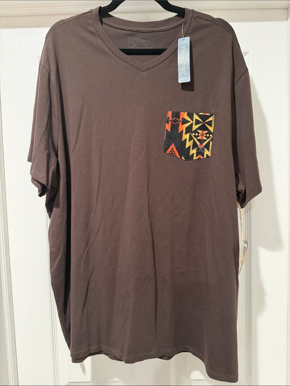 Pendleton Brown V-Neck Tee with Geometric Aztec Pocket